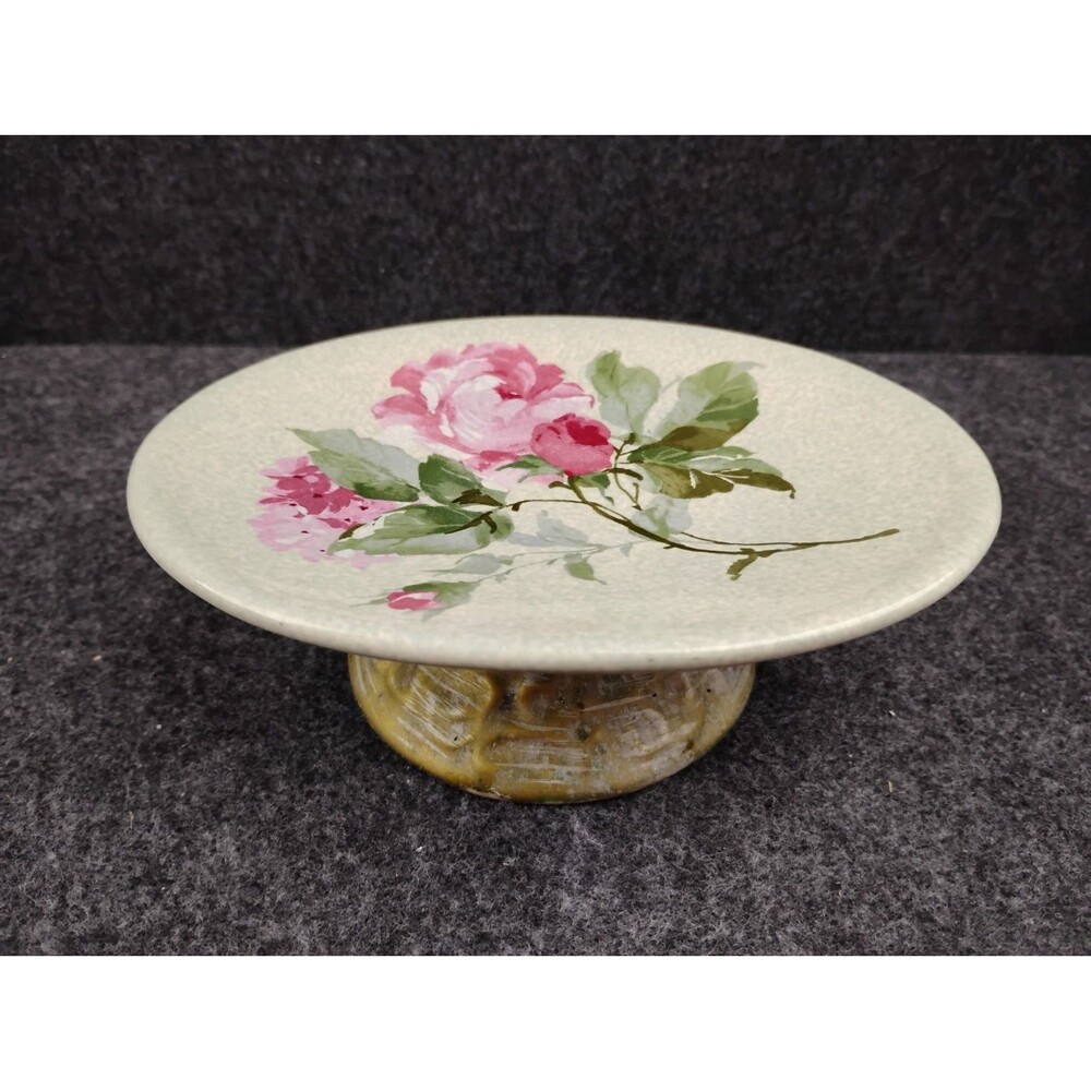 Vintage Pedestal Soap Dish Pink Roses Retro Green Victorian Shabby Cottage Chic